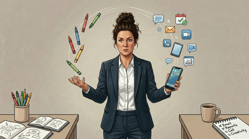 Mother cooking while holding baby, talking on phone, and children nearby.