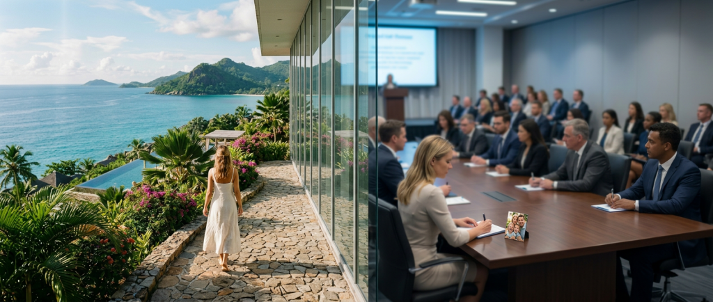 Mother working on laptop with two children in busy hotel lobby
